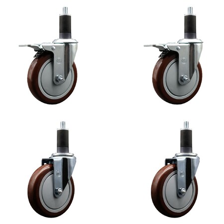 Service Caster 5'' Maroon Poly Swivel 1-1/4'' Expanding Stem Caster Set 2 Total Lock Brakes, 4PK SCC-EXTTL20S514-PPUB-MRN-2-S-2-114